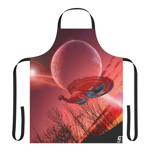 A white apron featuring the spaceship from the sci-fi TV series Star Trek: Voyager