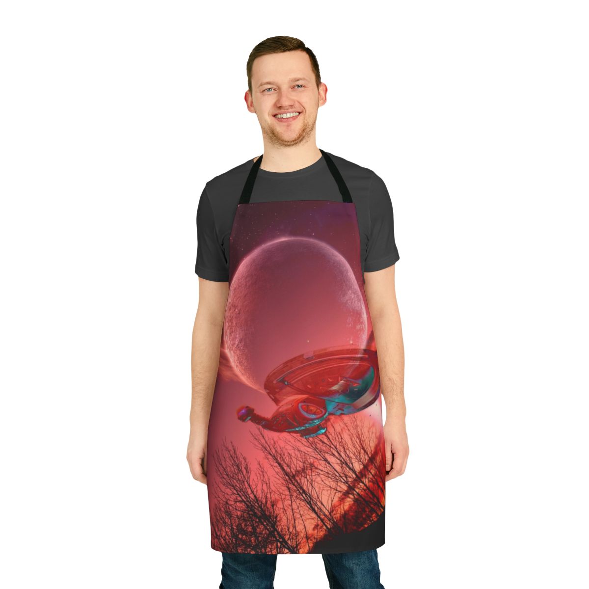 A white apron featuring the spaceship from the sci-fi TV series Star Trek: Voyager