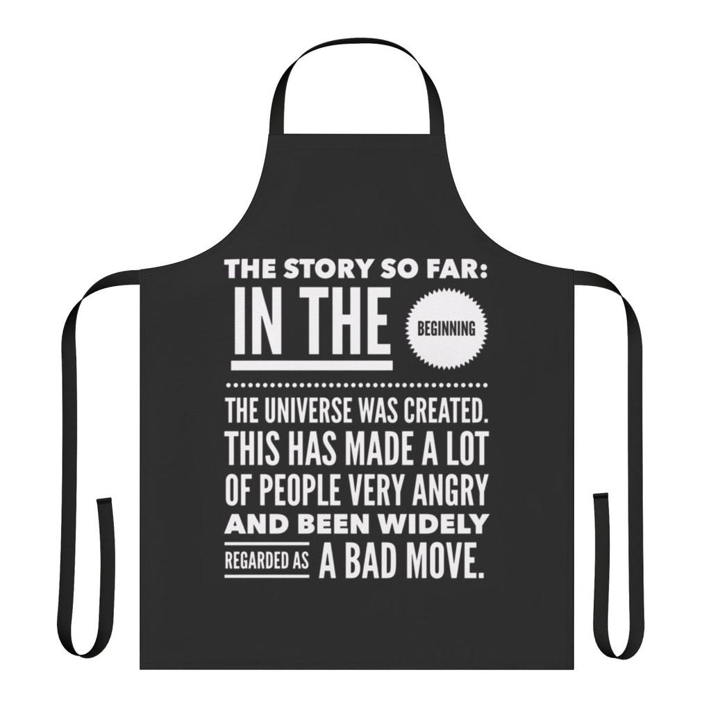 The Story So Far Apron featuring a space-themed design inspired by The Hitchhiker's Guide to the Galaxy