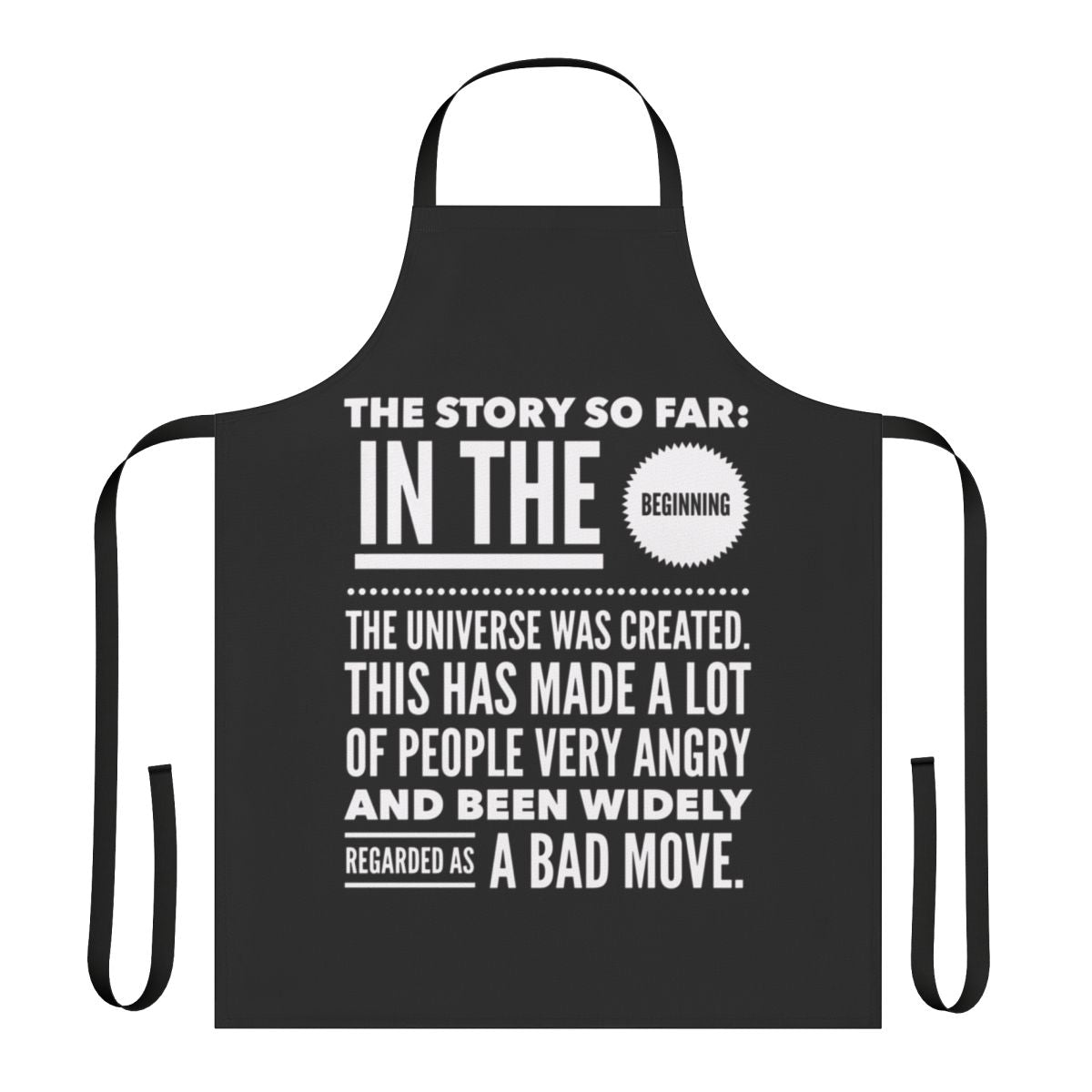 The Story So Far Apron featuring a space-themed design inspired by The Hitchhiker's Guide to the Galaxy