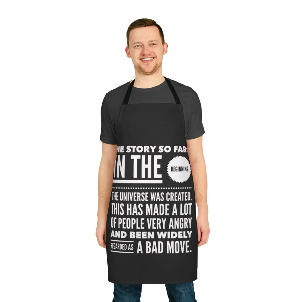 The Story So Far Apron featuring a space-themed design inspired by The Hitchhiker's Guide to the Galaxy