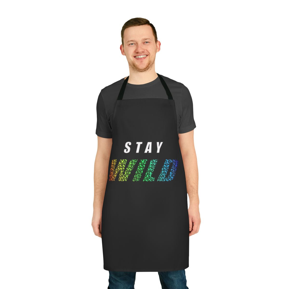 Stay Wild Apron featuring colorful leopard text design