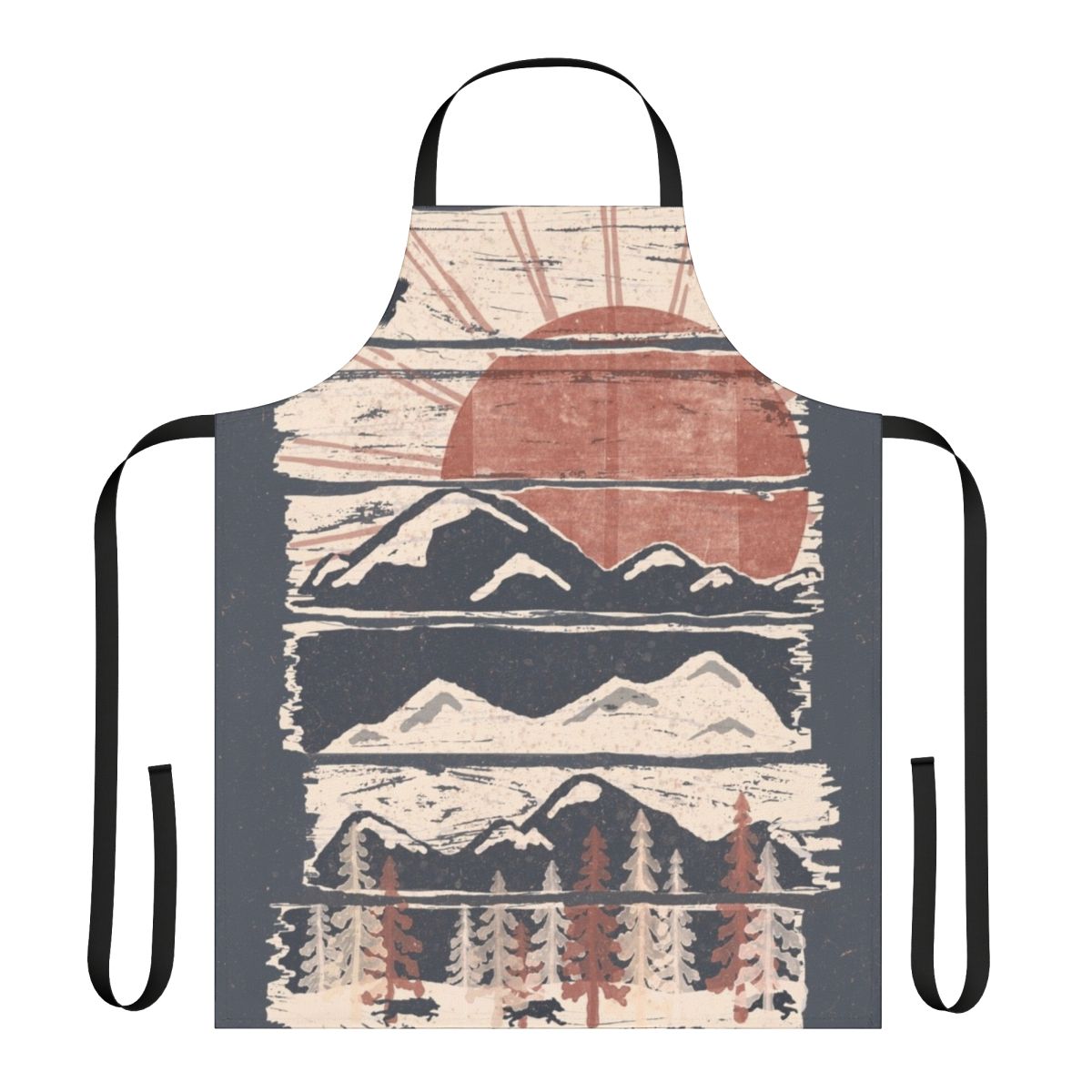 A stylish apron featuring a winter wilderness design with animals and scenic elements.