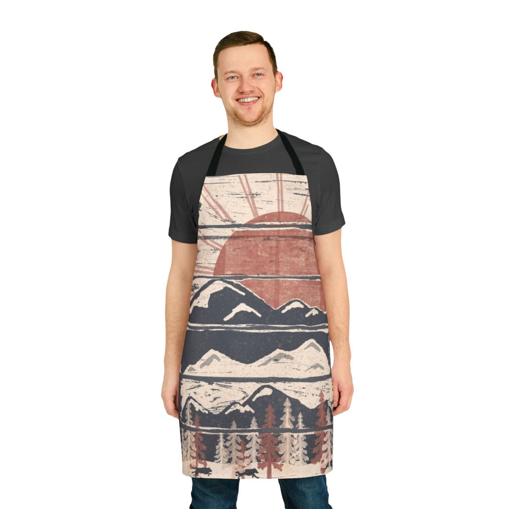 A stylish apron featuring a winter wilderness design with animals and scenic elements.