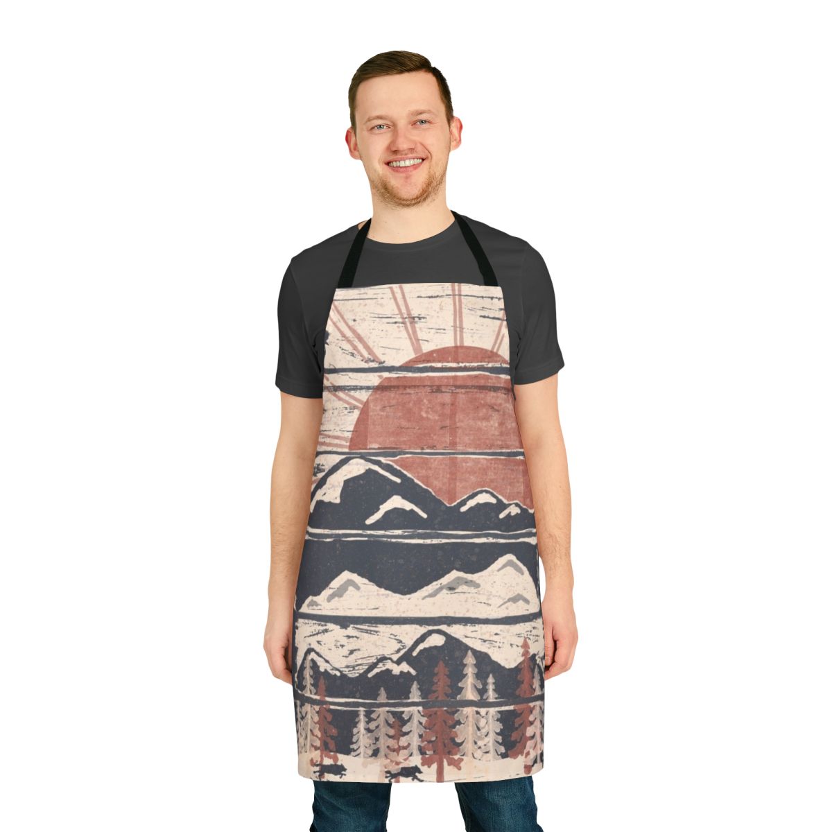 A stylish apron featuring a winter wilderness design with animals and scenic elements.