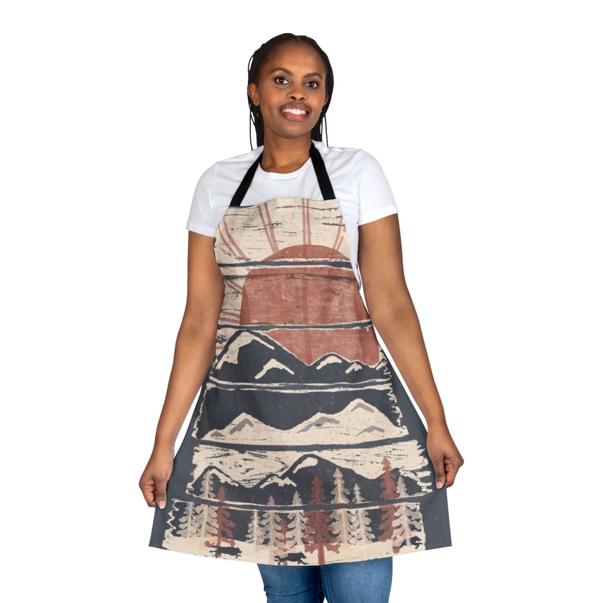 A stylish apron featuring a winter wilderness design with animals and scenic elements.