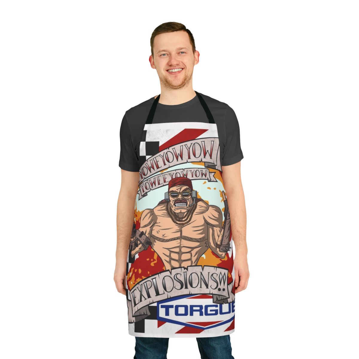 Explosion-themed apron with Borderlands characters and motifs