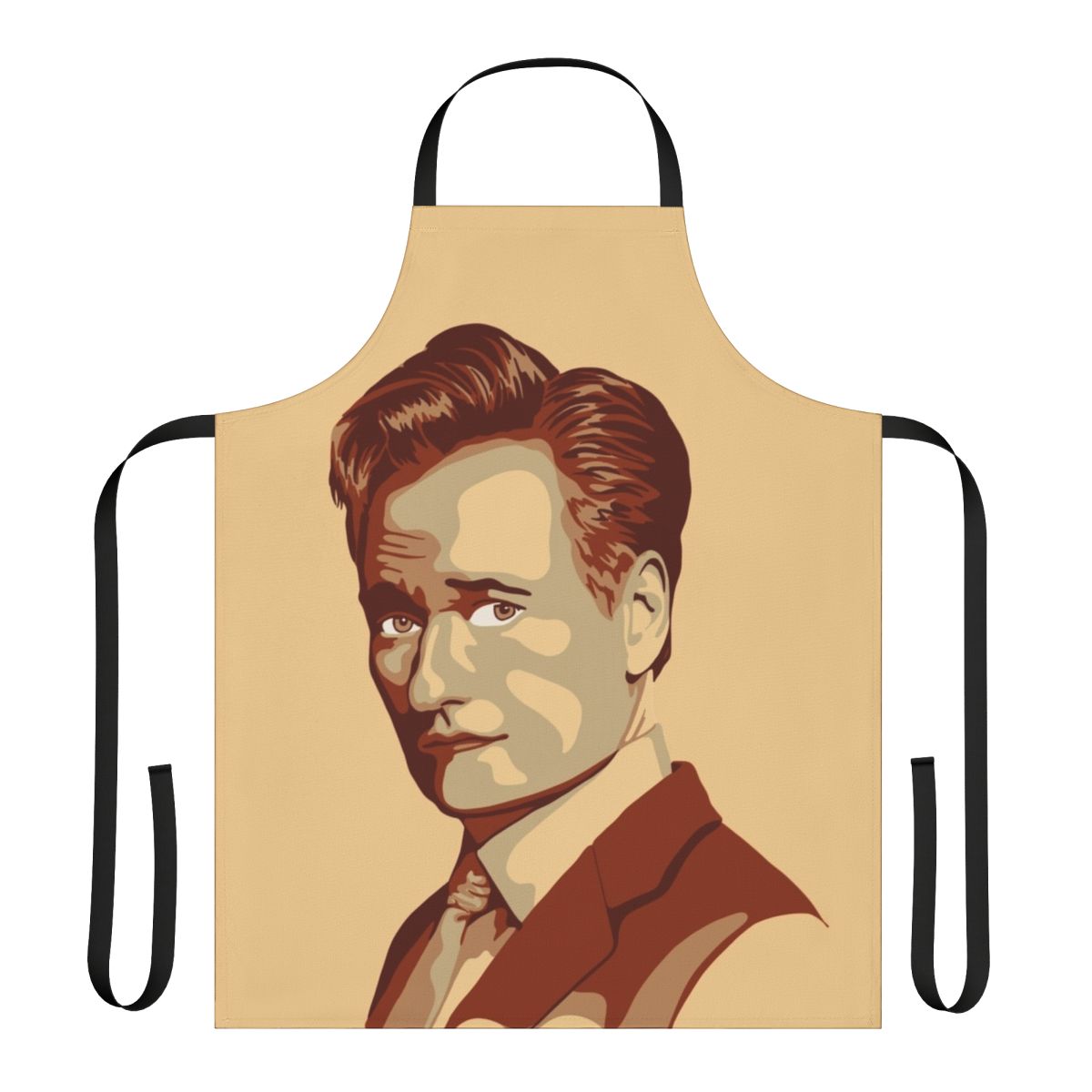 Vibrant pop art portrait of comedian Conan O'Brien on a high-quality kitchen apron