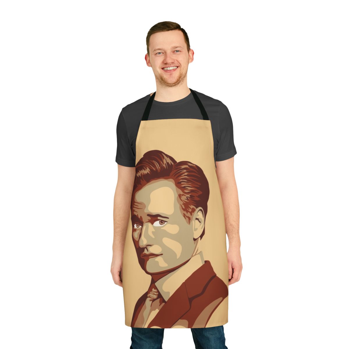 Vibrant pop art portrait of comedian Conan O'Brien on a high-quality kitchen apron