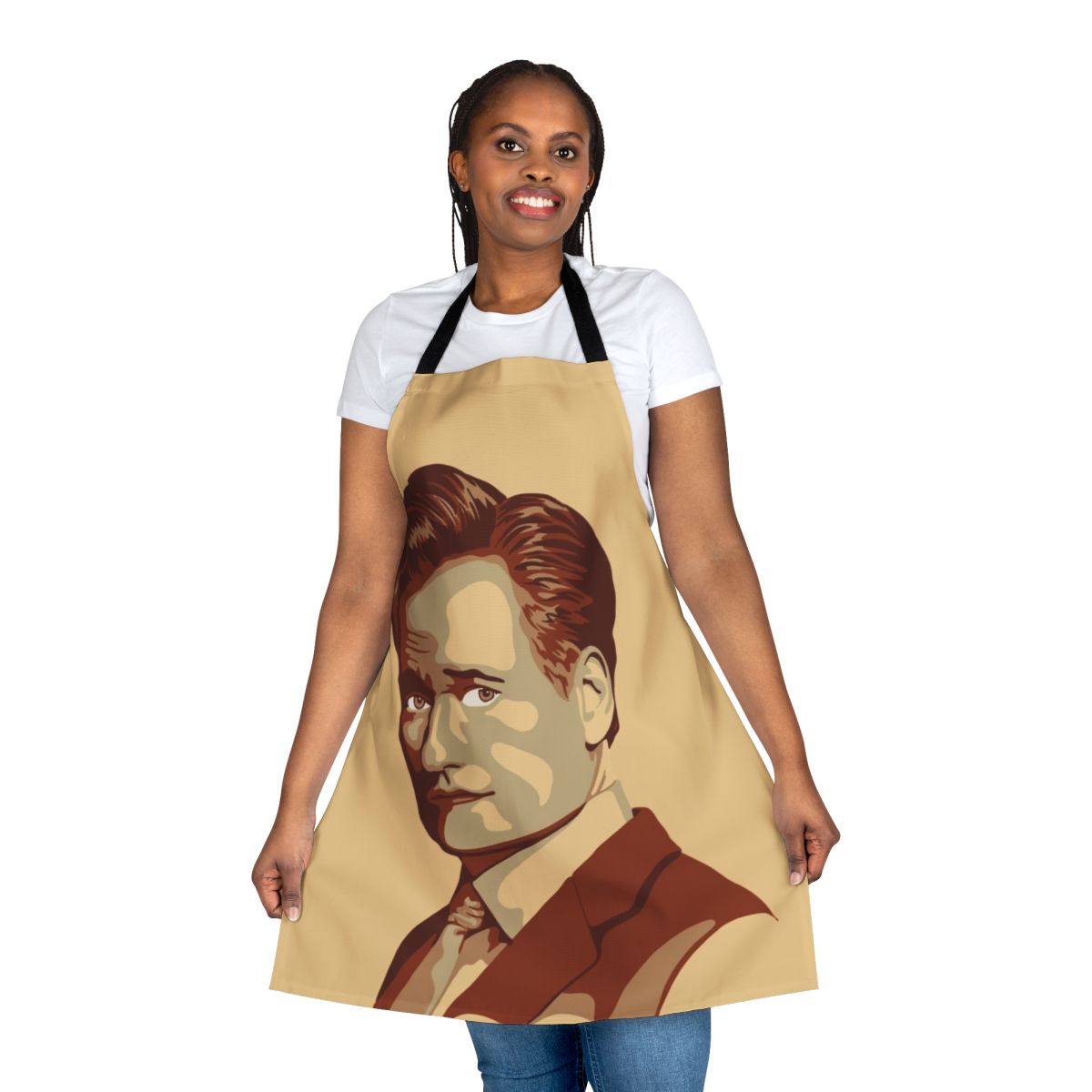 Vibrant pop art portrait of comedian Conan O'Brien on a high-quality kitchen apron