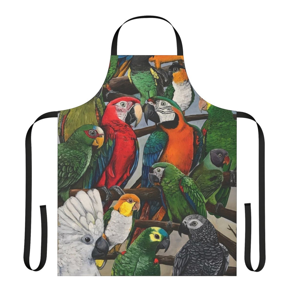 Apron featuring a beautiful design of exotic birds like parrots, macaws, and more.