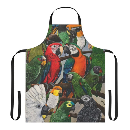 Apron featuring a beautiful design of exotic birds like parrots, macaws, and more.