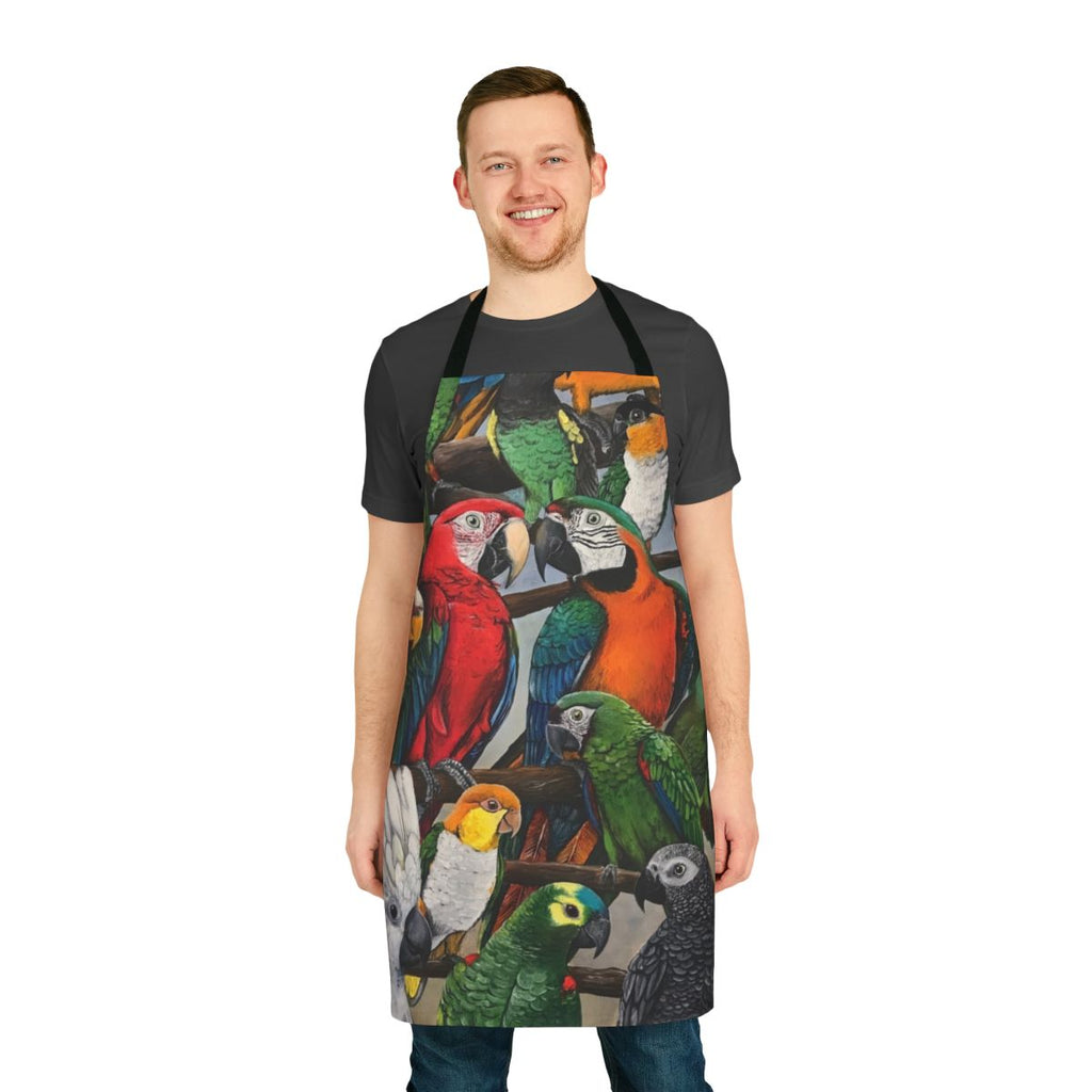 Apron featuring a beautiful design of exotic birds like parrots, macaws, and more.