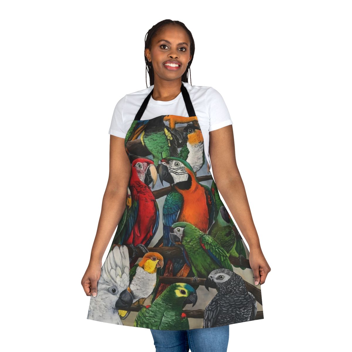 Apron featuring a beautiful design of exotic birds like parrots, macaws, and more.