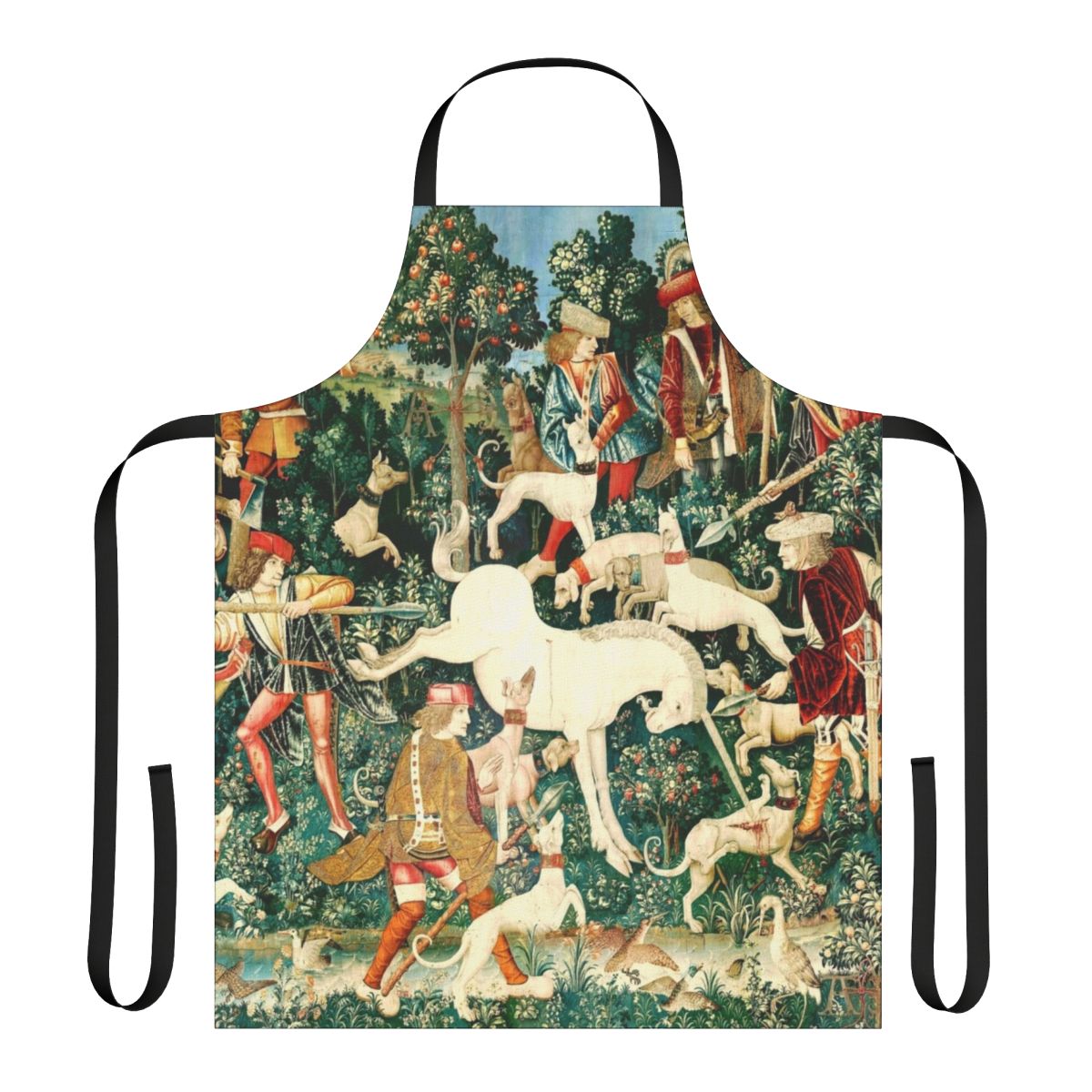 A medieval-inspired apron featuring a beautiful unicorn and floral tapestry design