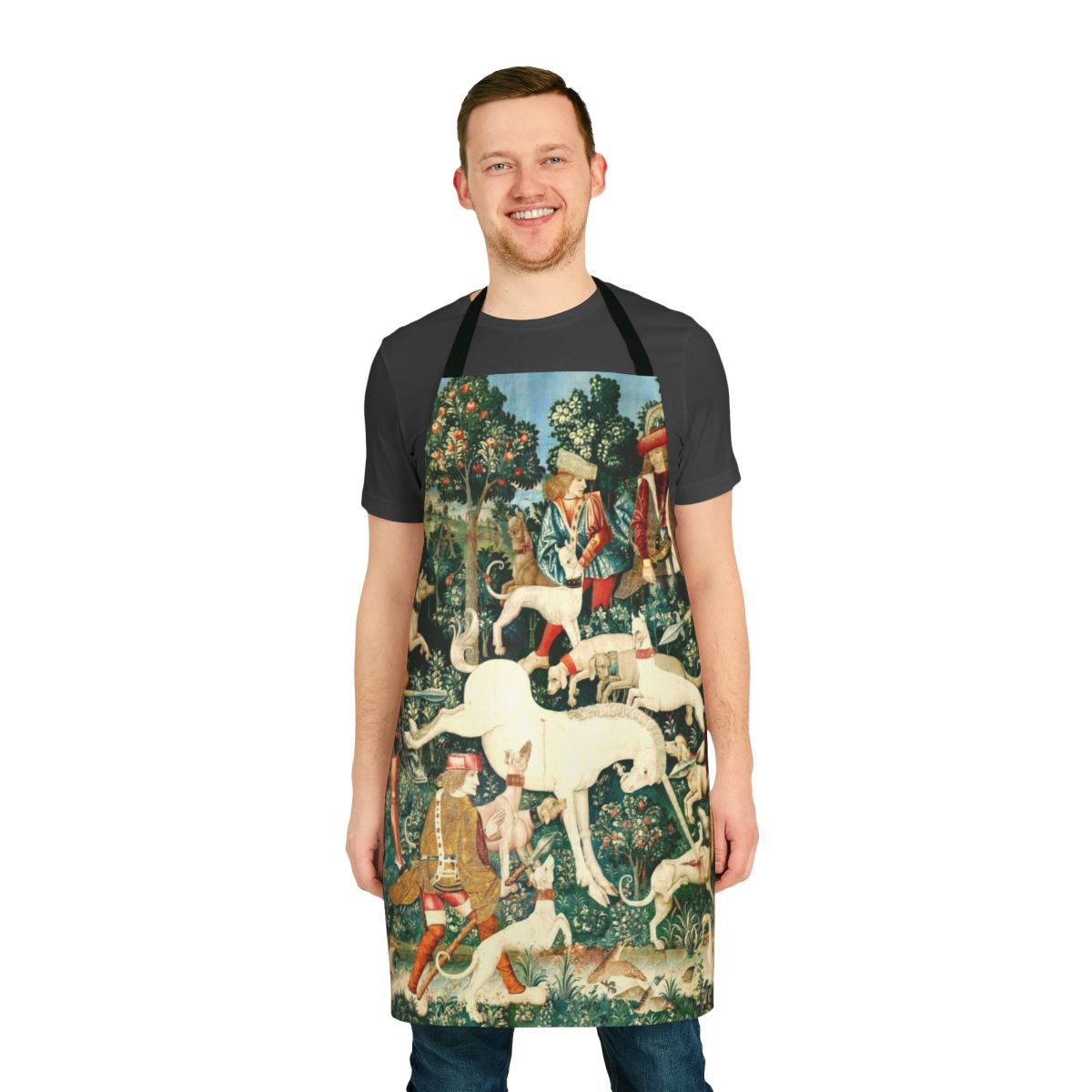 A medieval-inspired apron featuring a beautiful unicorn and floral tapestry design