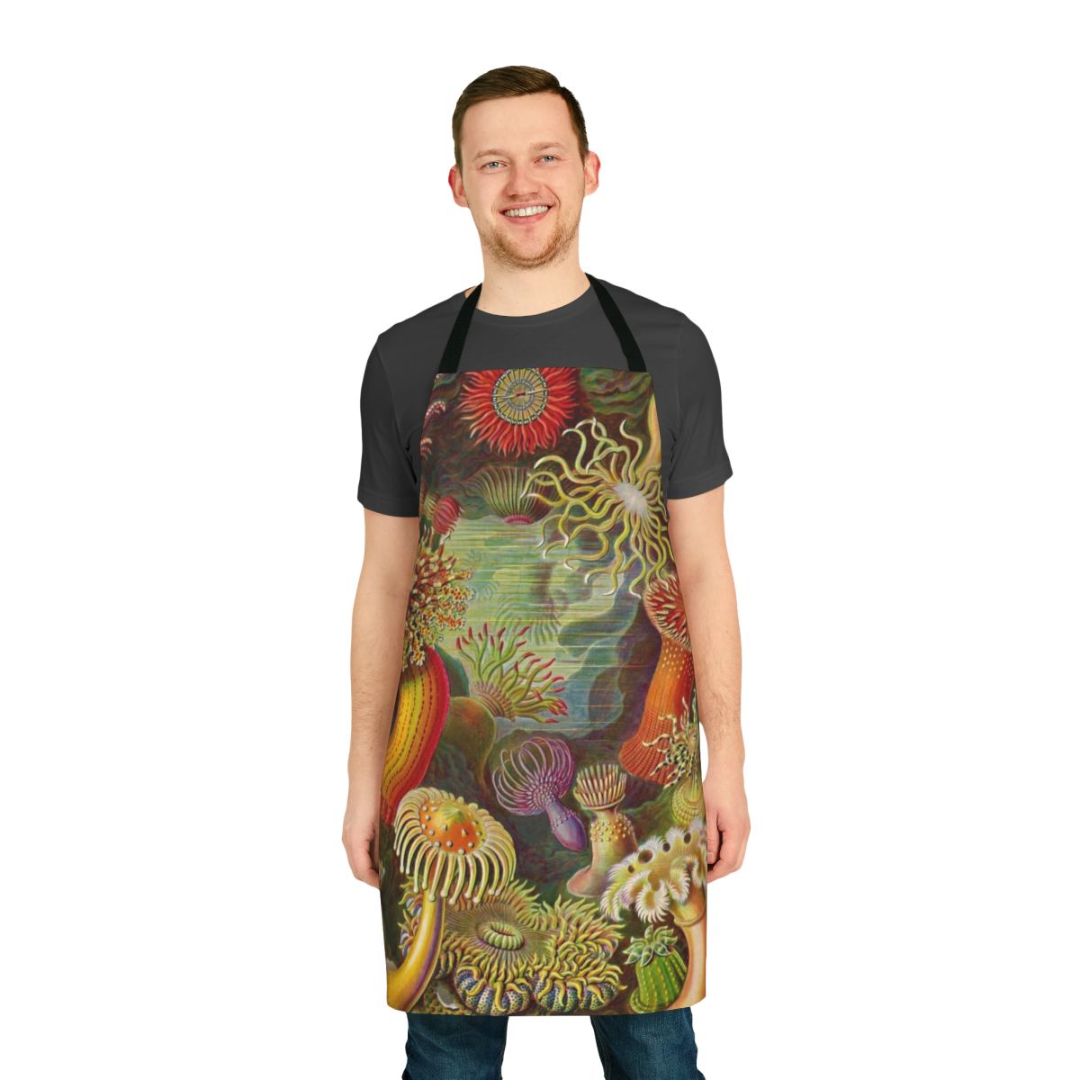 Colorful sea anemone inspired apron with digital artwork based on Ernst Haeckel's "Kunstformen der Natur"
