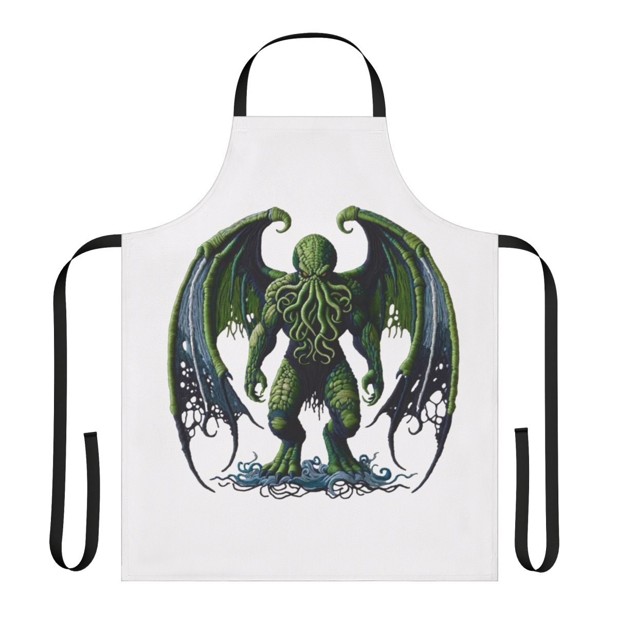 An apron featuring an exquisitely embroidered Cthulhu-inspired design, a captivating fantasy creature from the Lovecraft mythos.
