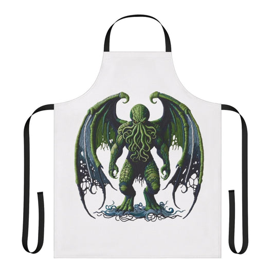 An apron featuring an exquisitely embroidered Cthulhu-inspired design, a captivating fantasy creature from the Lovecraft mythos.