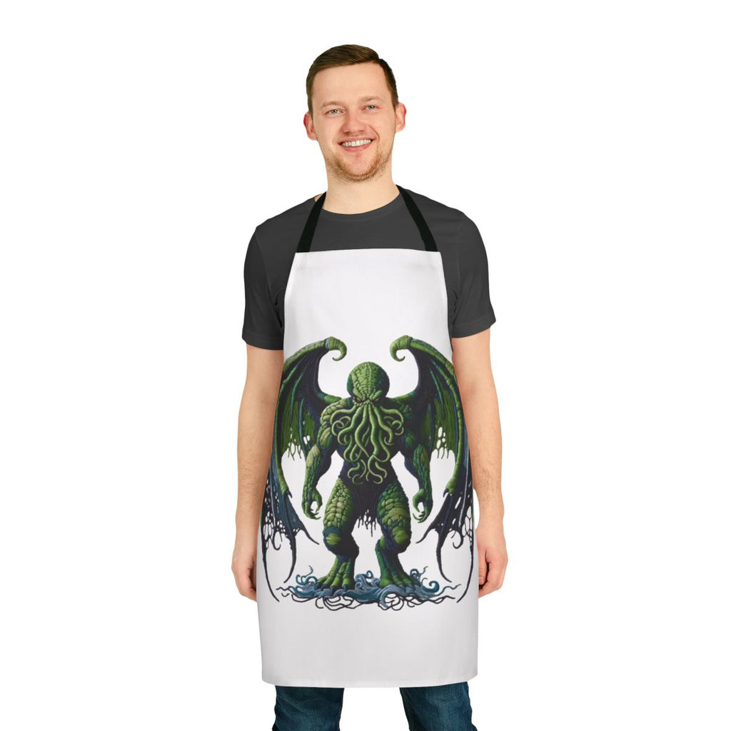 An apron featuring an exquisitely embroidered Cthulhu-inspired design, a captivating fantasy creature from the Lovecraft mythos.