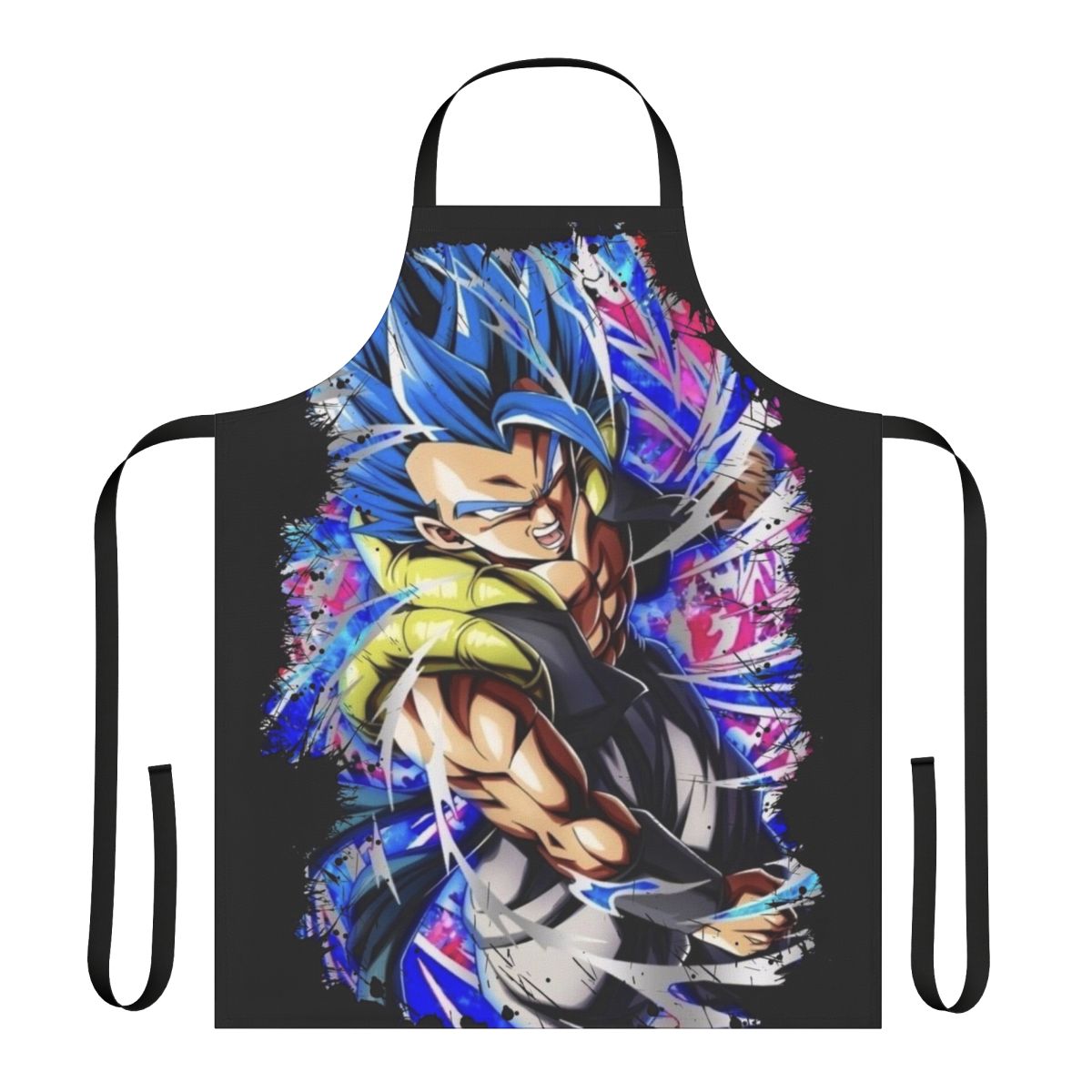 Vibrant apron design featuring Super Saiyan Blue Gogeta, a powerful fusion warrior from the Dragon Ball Z anime franchise.