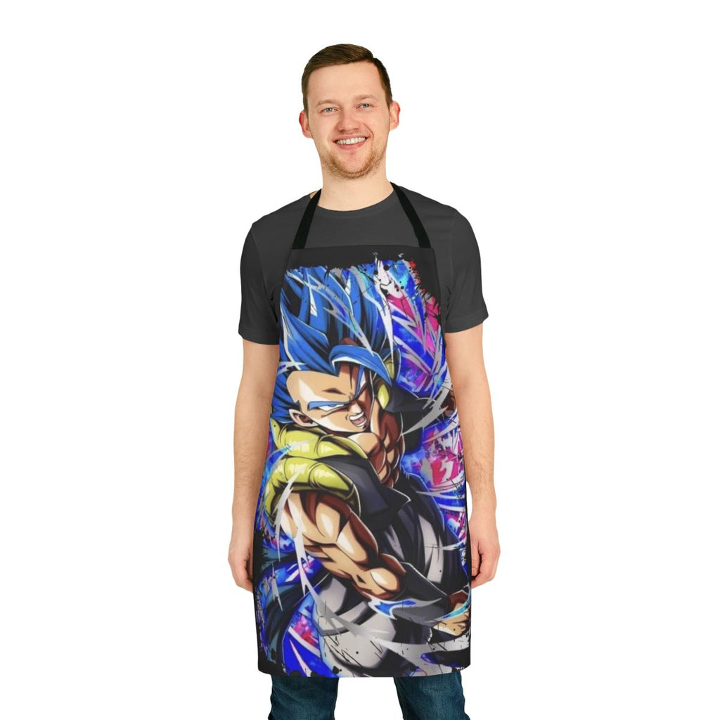 Vibrant apron design featuring Super Saiyan Blue Gogeta, a powerful fusion warrior from the Dragon Ball Z anime franchise.