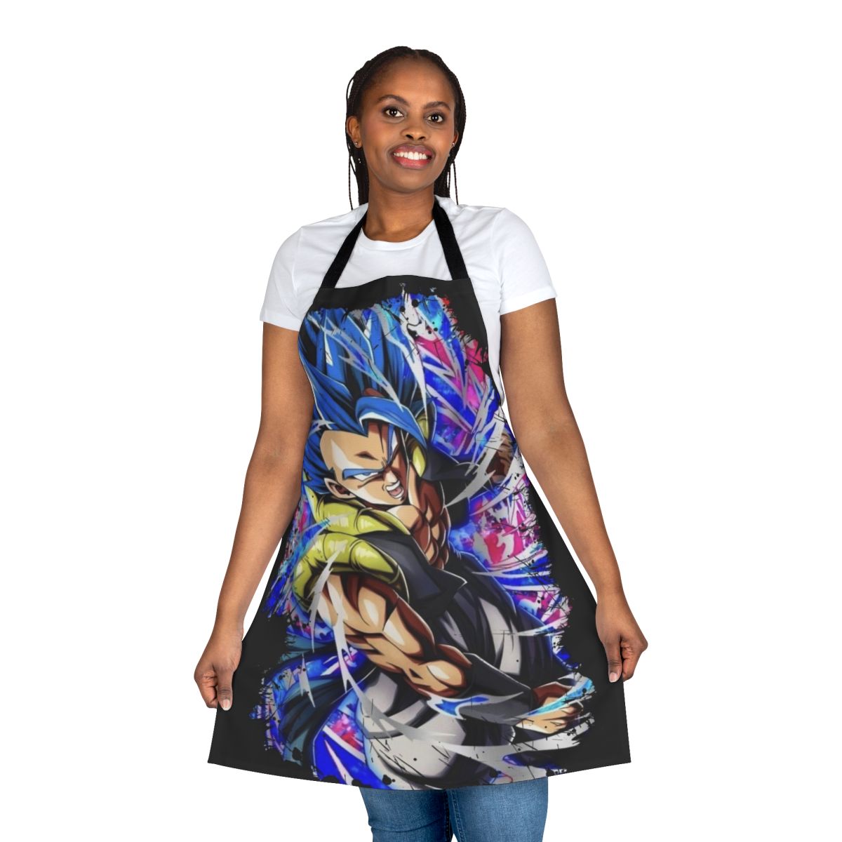 Vibrant apron design featuring Super Saiyan Blue Gogeta, a powerful fusion warrior from the Dragon Ball Z anime franchise.