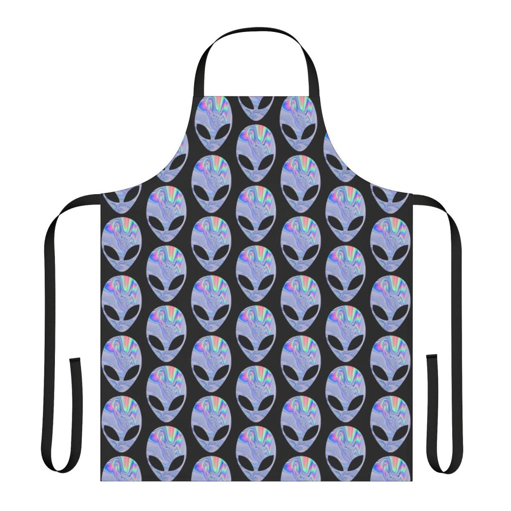 Holographic alien-themed apron with a colorful, trippy space-inspired pattern