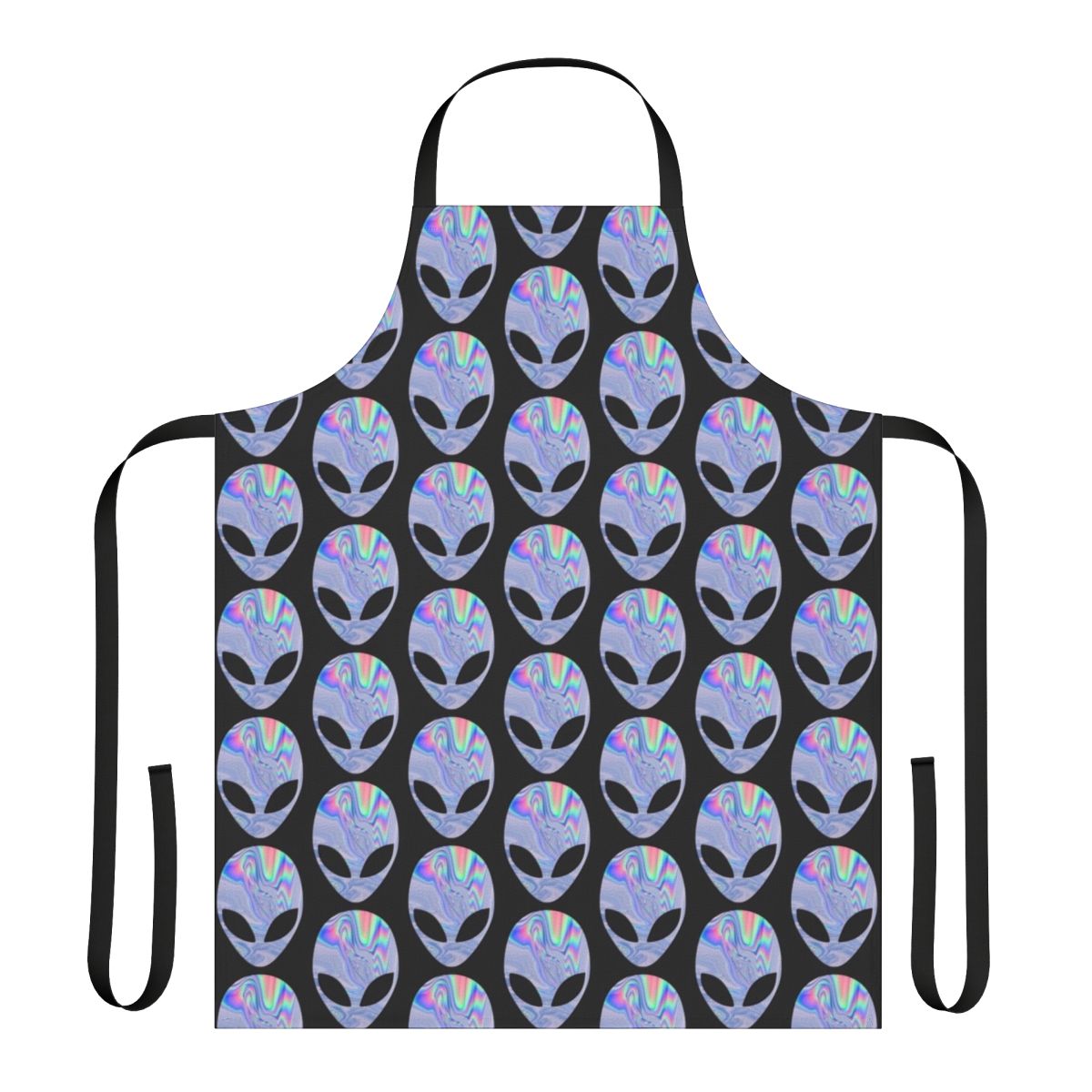 Holographic alien-themed apron with a colorful, trippy space-inspired pattern