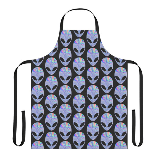 Holographic alien-themed apron with a colorful, trippy space-inspired pattern