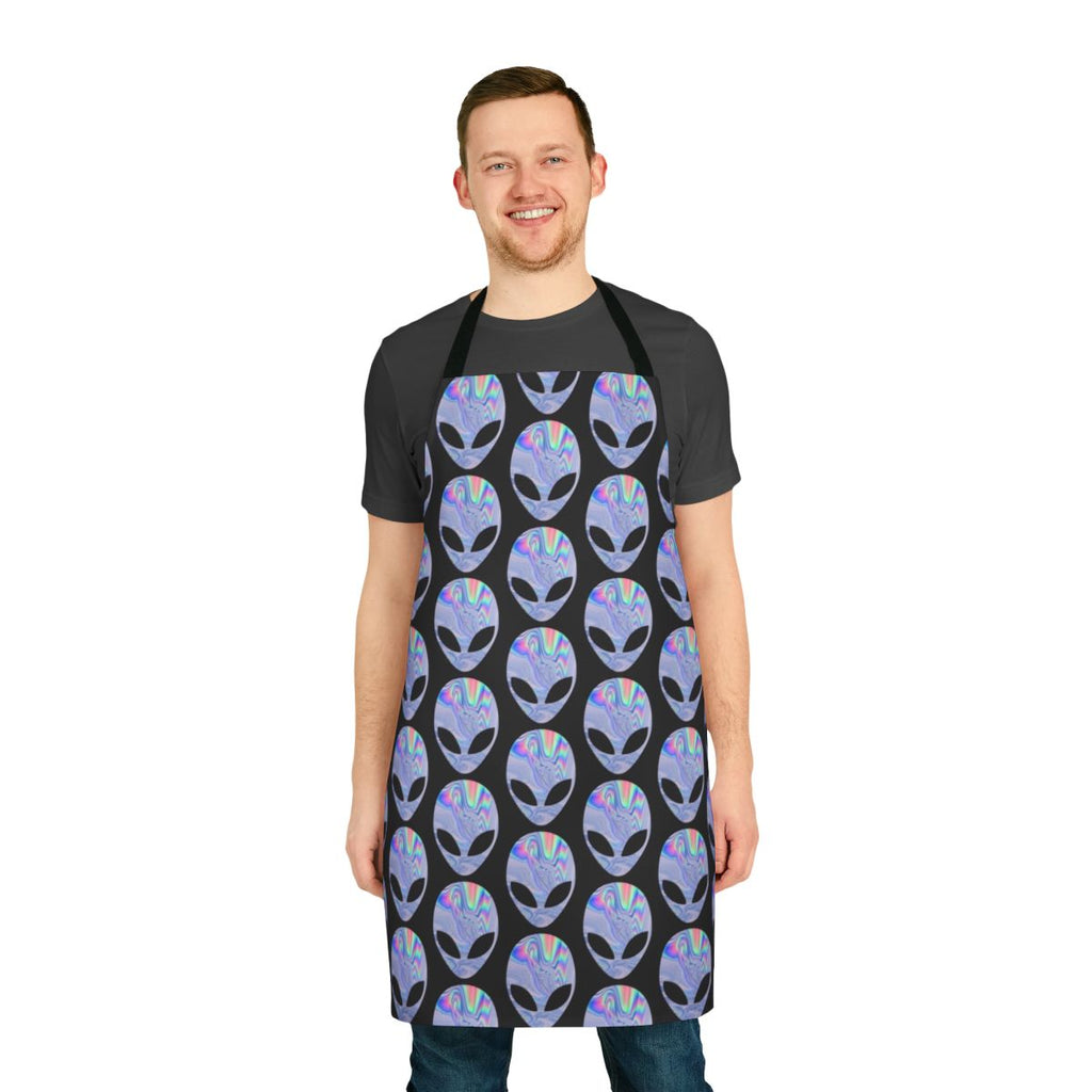 Holographic alien-themed apron with a colorful, trippy space-inspired pattern
