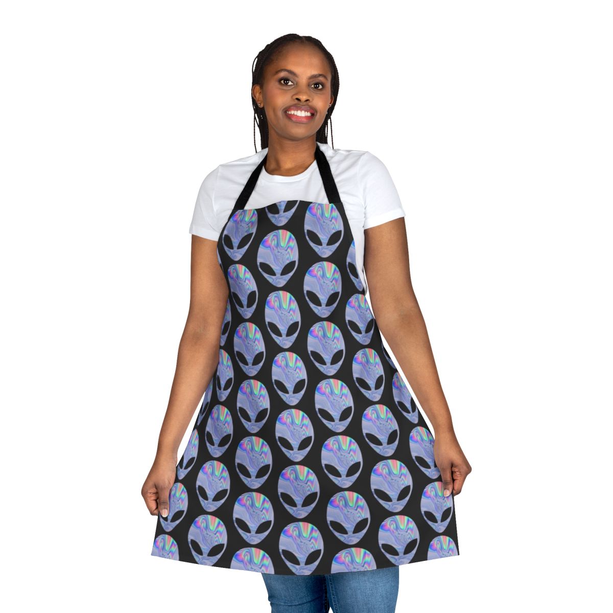 Holographic alien-themed apron with a colorful, trippy space-inspired pattern