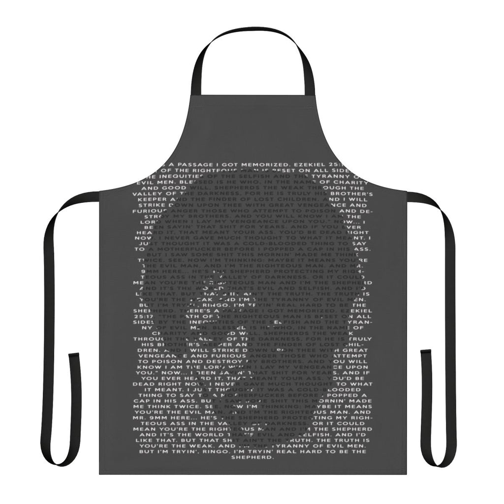 Ezekiel 25:17 inspired apron with quote and pop art design, a tribute to the cult classic movie Pulp Fiction.