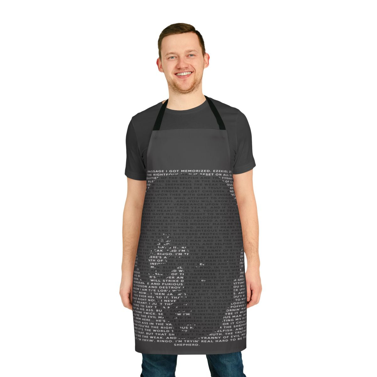 Ezekiel 25:17 inspired apron with quote and pop art design, a tribute to the cult classic movie Pulp Fiction.