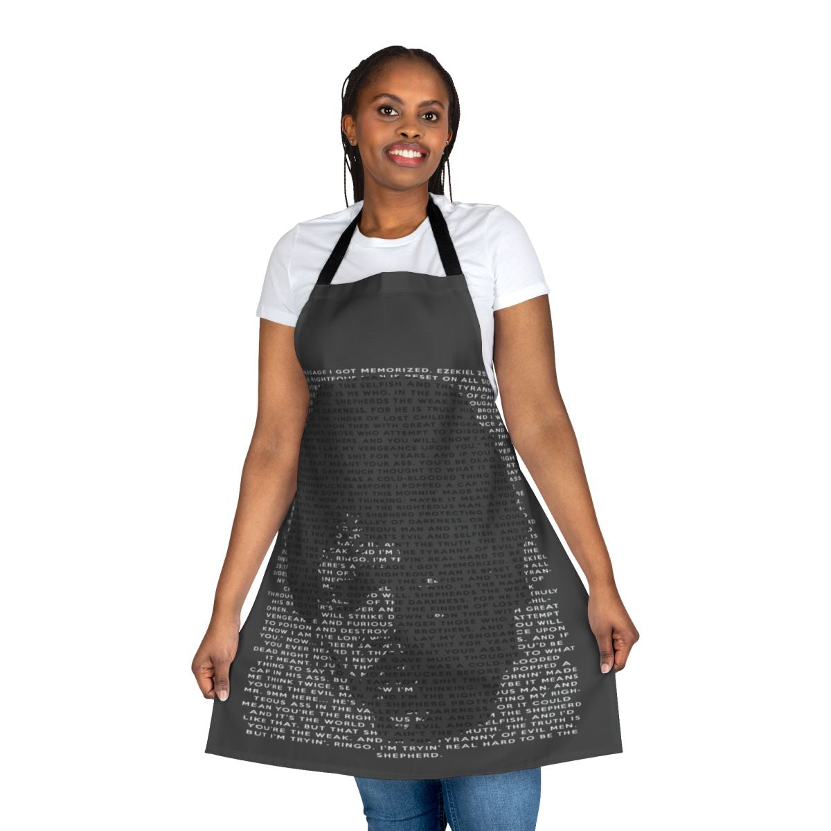 Ezekiel 25:17 inspired apron with quote and pop art design, a tribute to the cult classic movie Pulp Fiction.