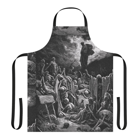Apron featuring Ezekiel's vision of the valley of dry bones, inspired by biblical art and literature.