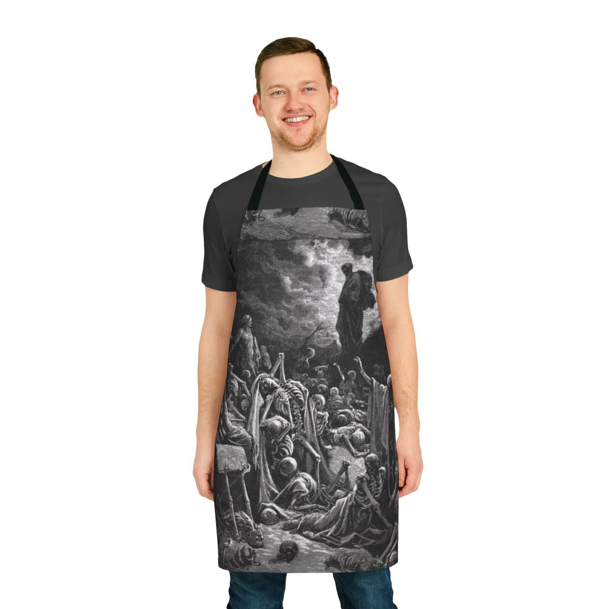Apron featuring Ezekiel's vision of the valley of dry bones, inspired by biblical art and literature.