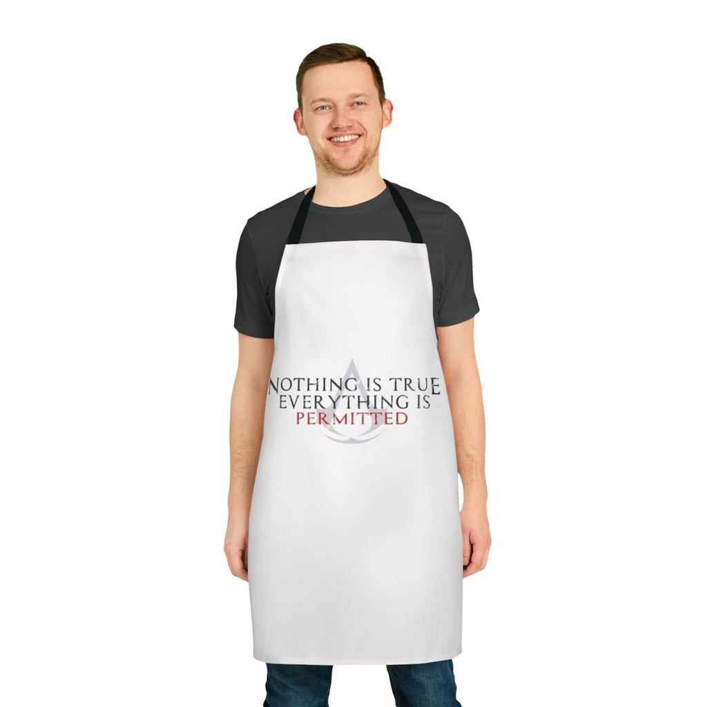 Assassin's Creed inspired apron featuring the iconic quote "Nothing is true, everything is permitted"