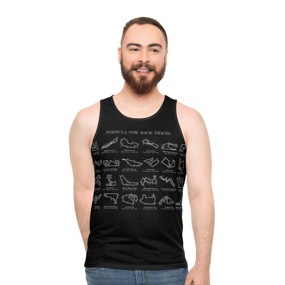F1 racing tracks stencil design on a white unisex tank top