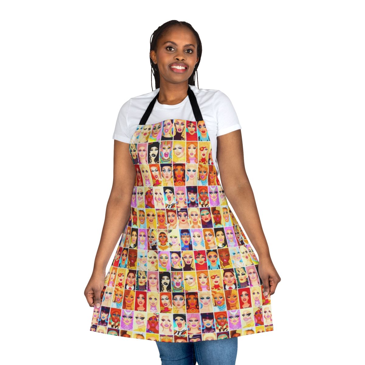 Vibrant drag queen-inspired apron with bold, colorful design