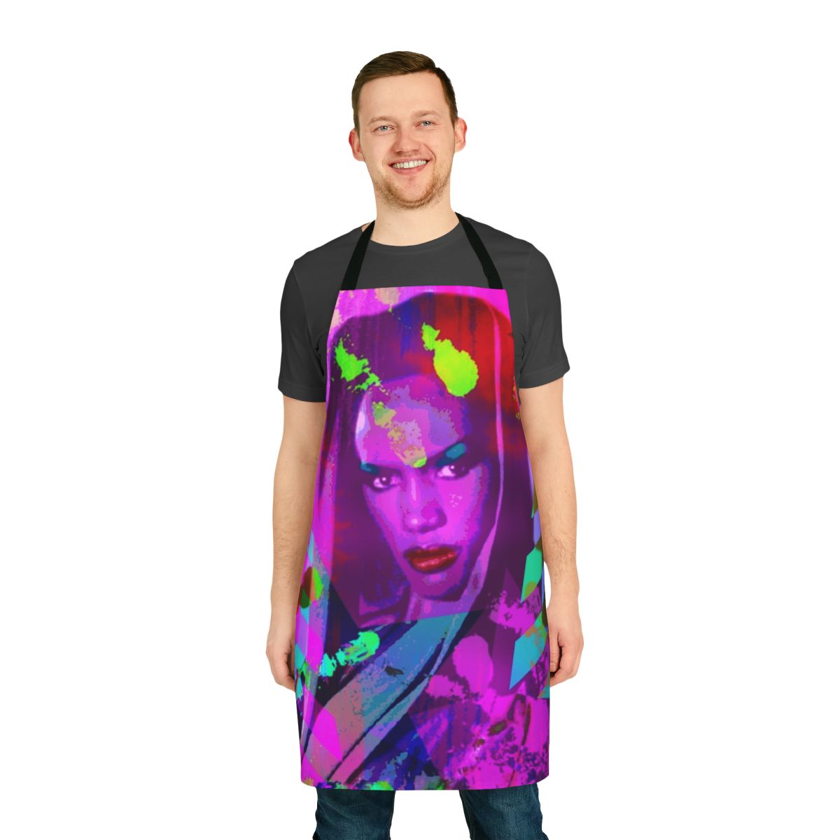 Vibrant apron featuring Grace Jones, a legendary LGBT+ icon