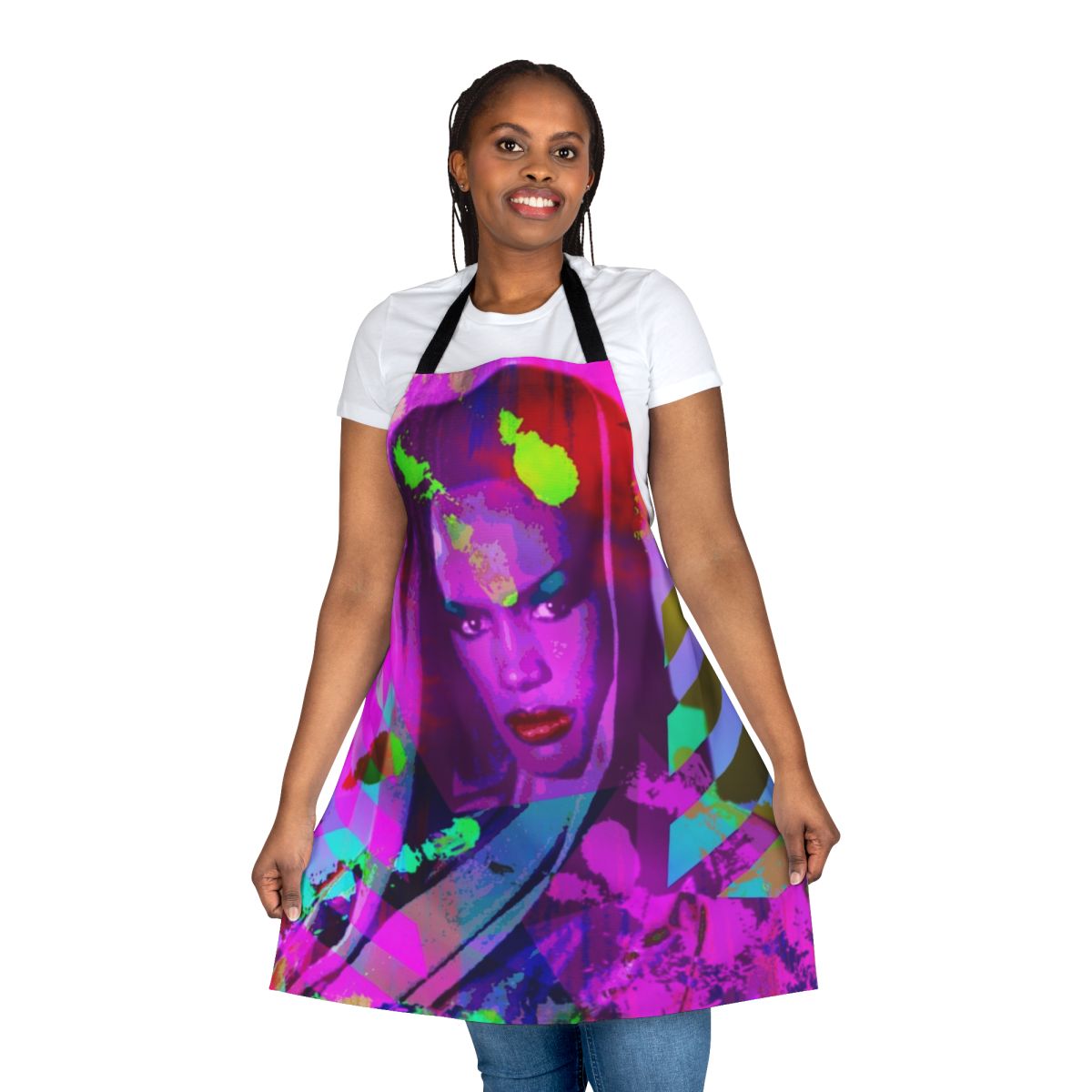 Vibrant apron featuring Grace Jones, a legendary LGBT+ icon