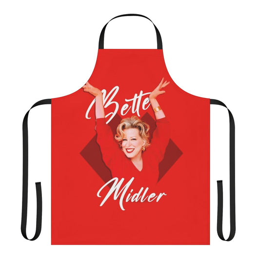 A vibrant, colorful apron featuring the iconic image of Bette Midler, the legendary singer, actress, and LGBT icon.