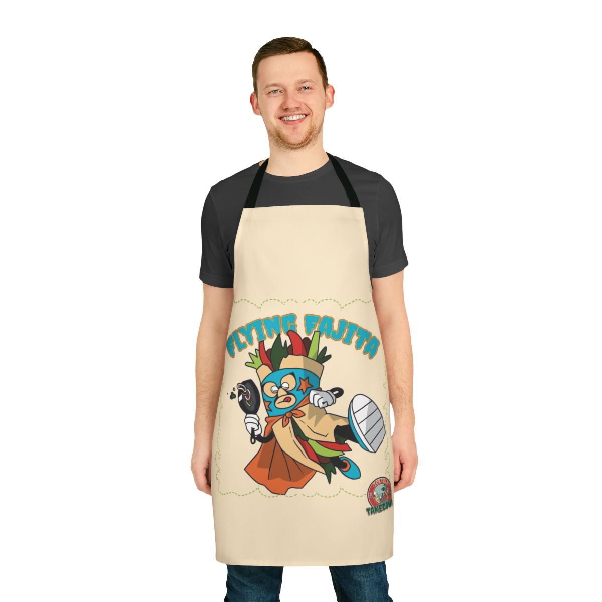 A vibrant apron featuring a playful "Fajita Fiesta" design, perfect for Mexican food enthusiasts.