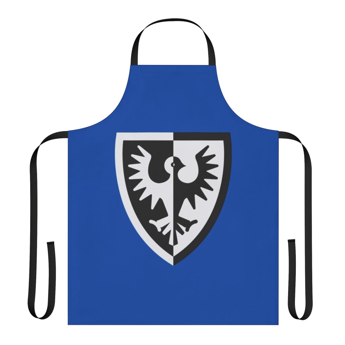 Black apron with falcon shield logo design, inspired by Lego castle and medieval themes.