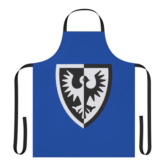 Black apron with falcon shield logo design, inspired by Lego castle and medieval themes.