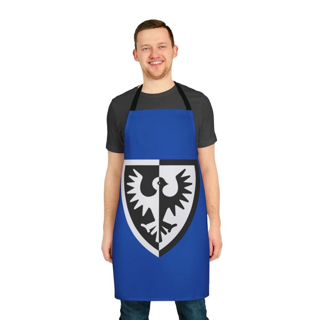 Black apron with falcon shield logo design, inspired by Lego castle and medieval themes.