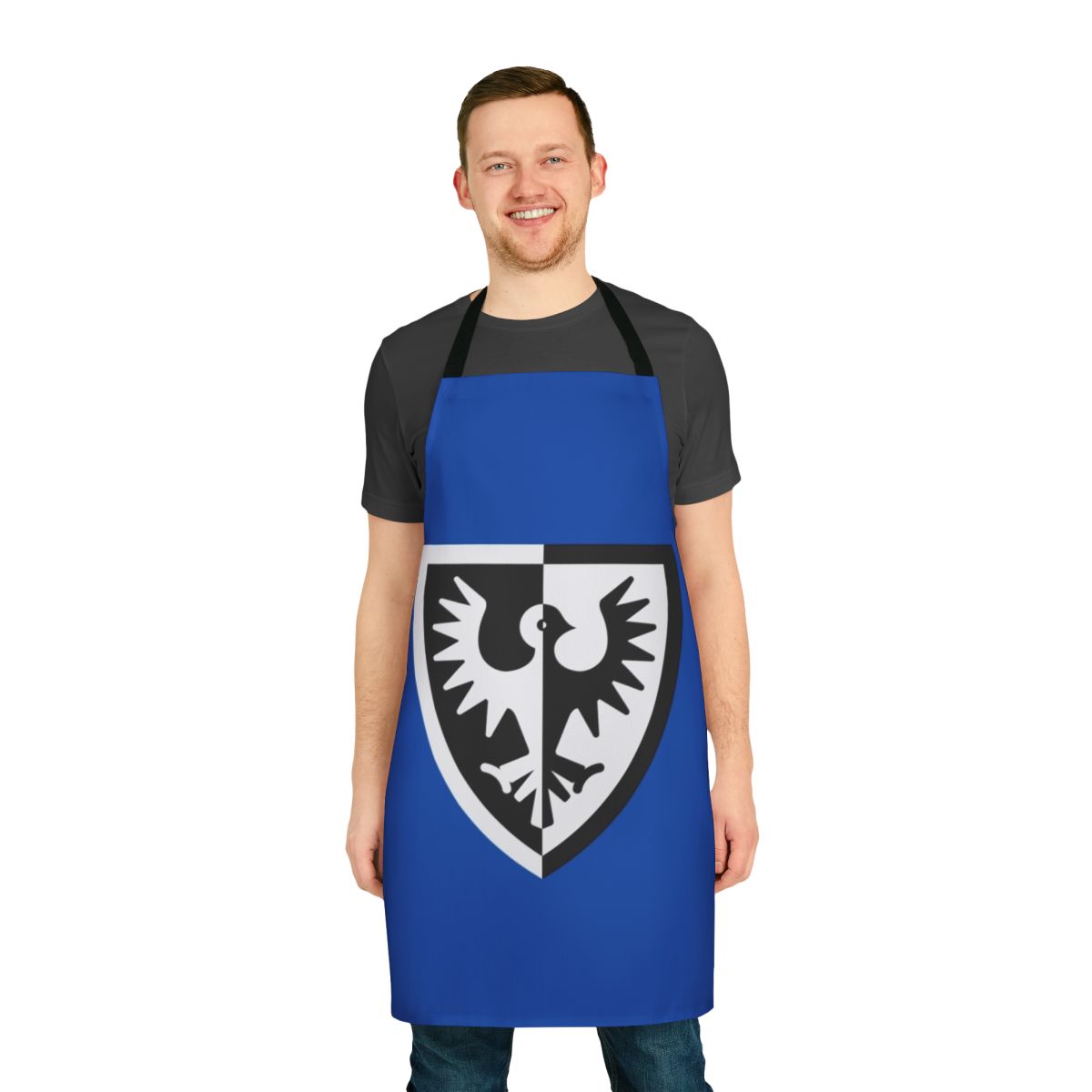 Black apron with falcon shield logo design, inspired by Lego castle and medieval themes.