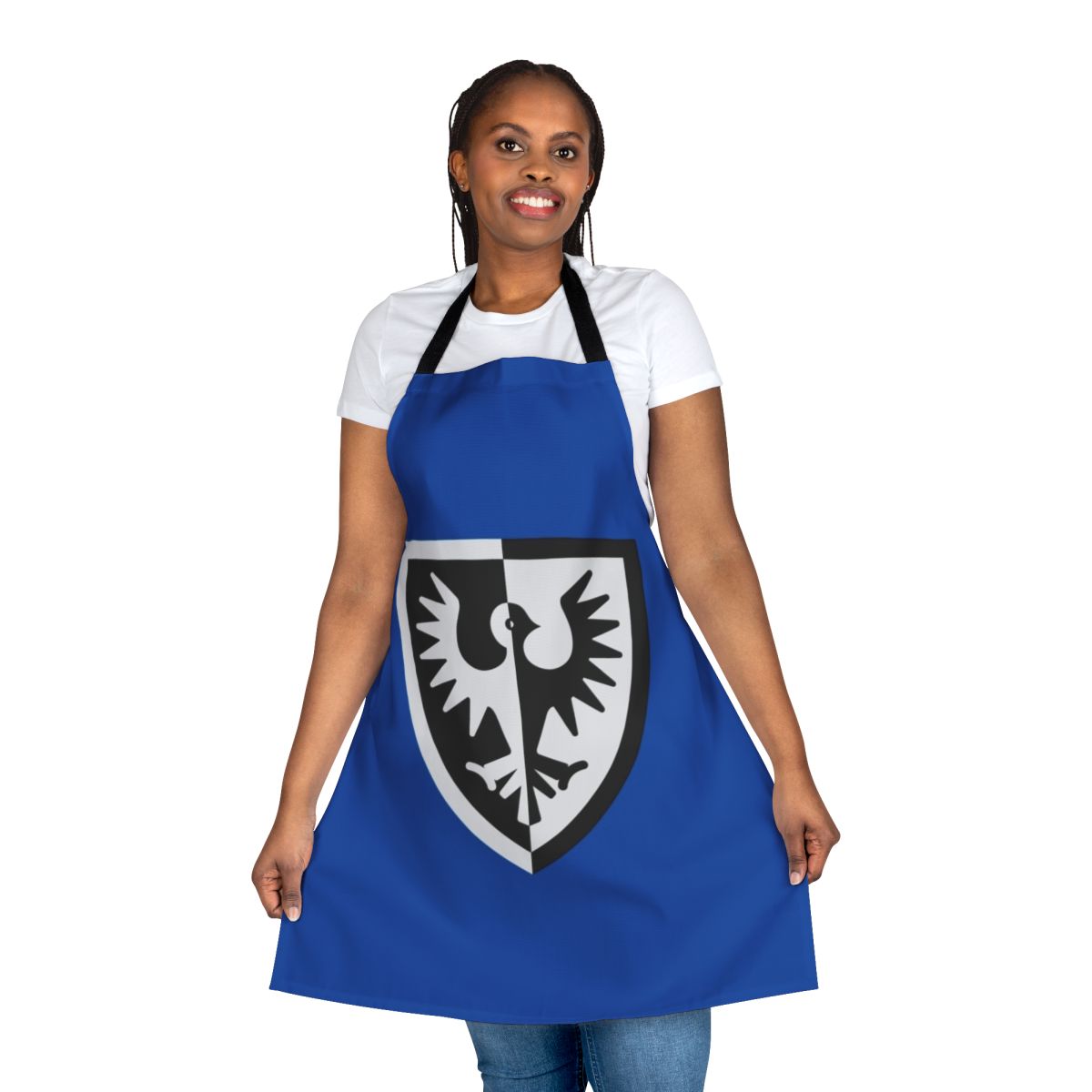 Black apron with falcon shield logo design, inspired by Lego castle and medieval themes.