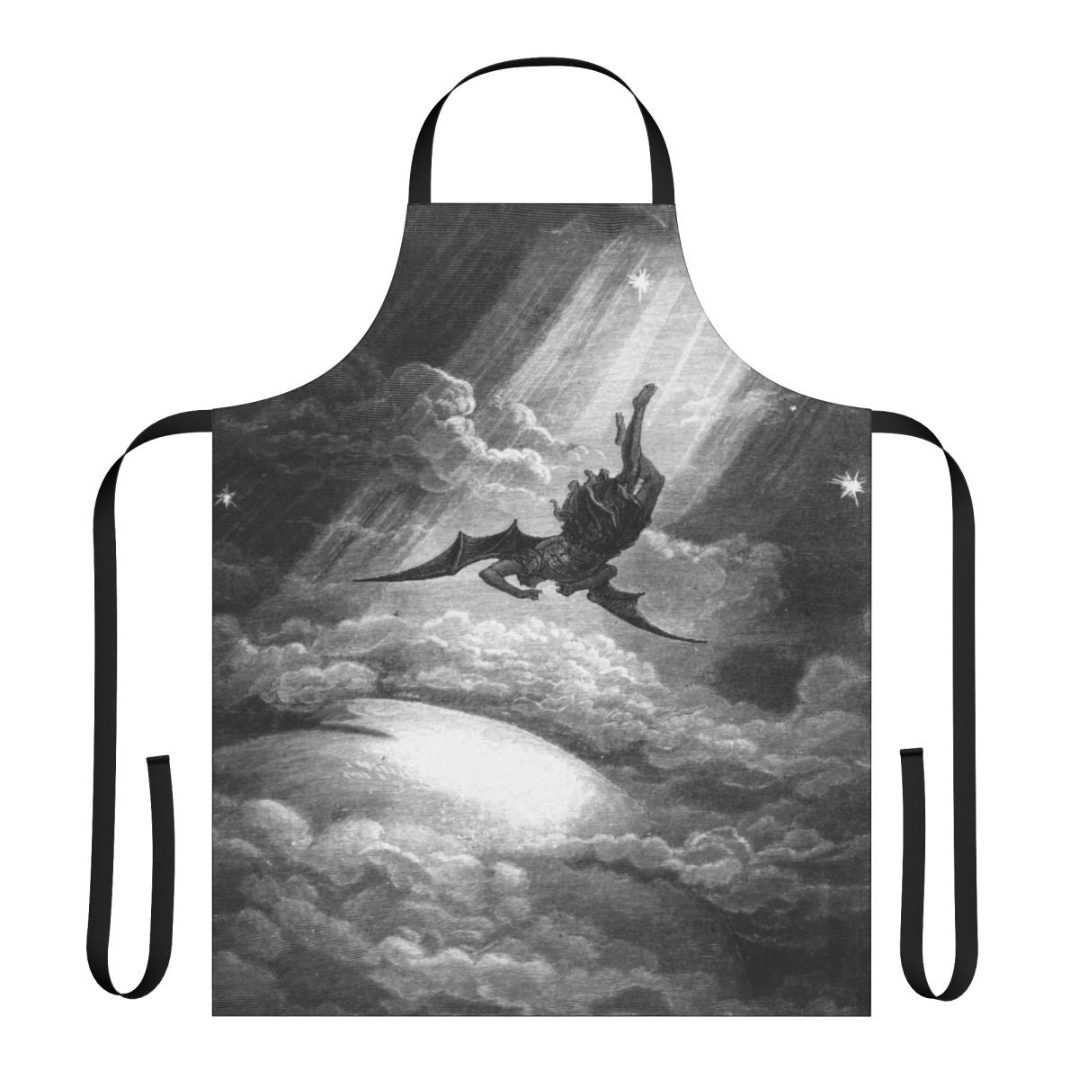 Apron featuring a black and white woodcut artwork of the fallen angel Lucifer from Gustave Dore's illustrations of Paradise Lost.